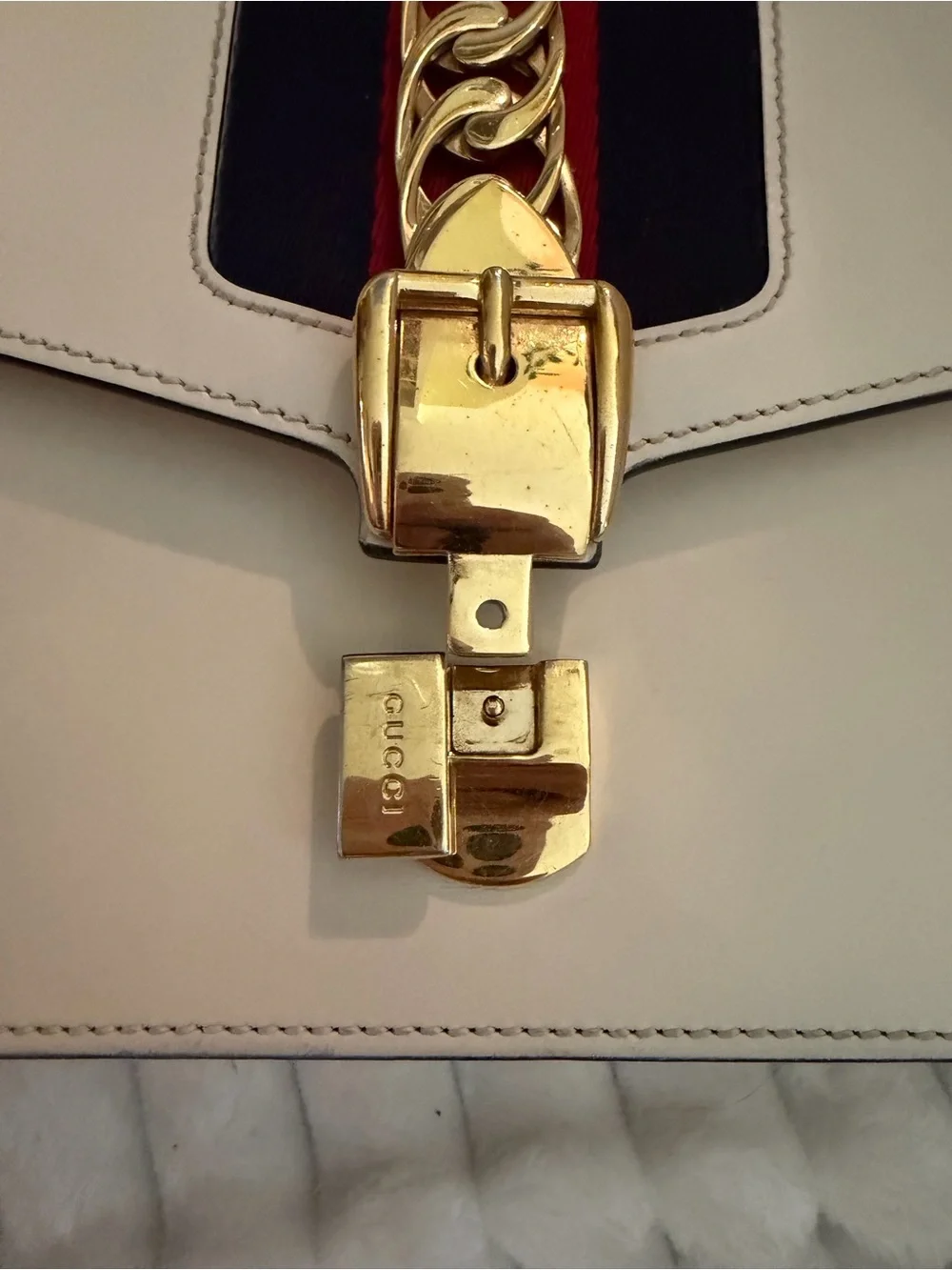 Gucci Small Sylvie Leather Shoulder Bag Off White Calfskin with Web Ribbon